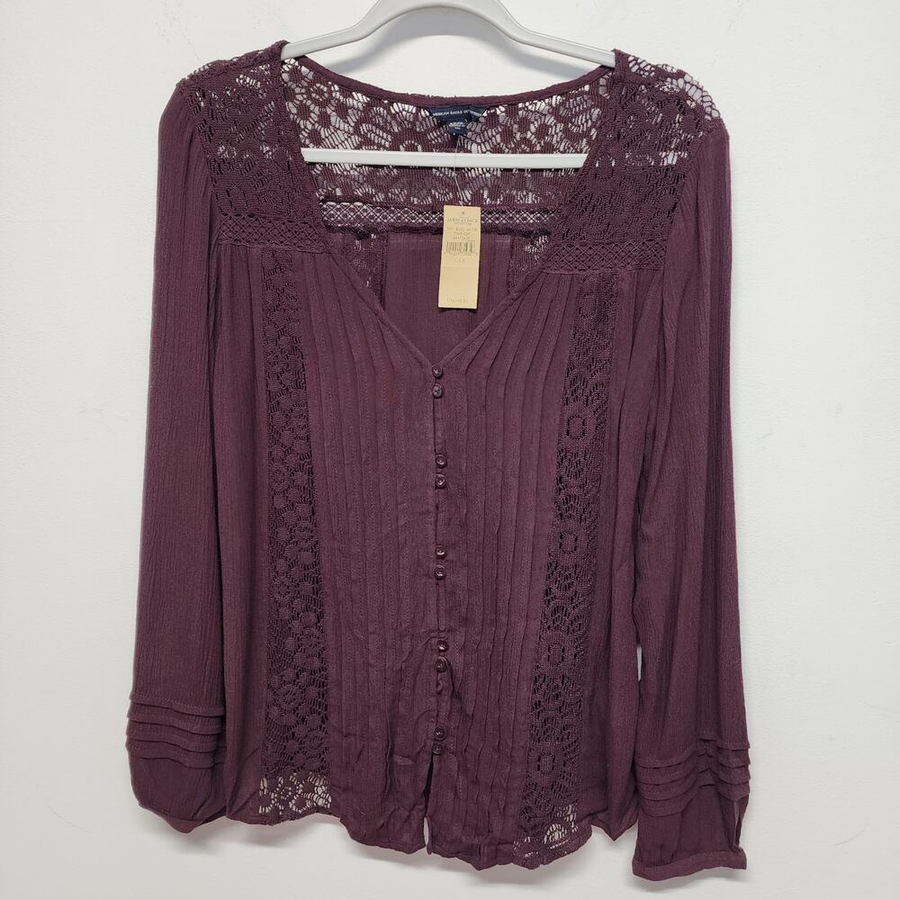 American Eagle Womens Crochet Lace Top Blouse Size S Dark Purple Viscose V-neck